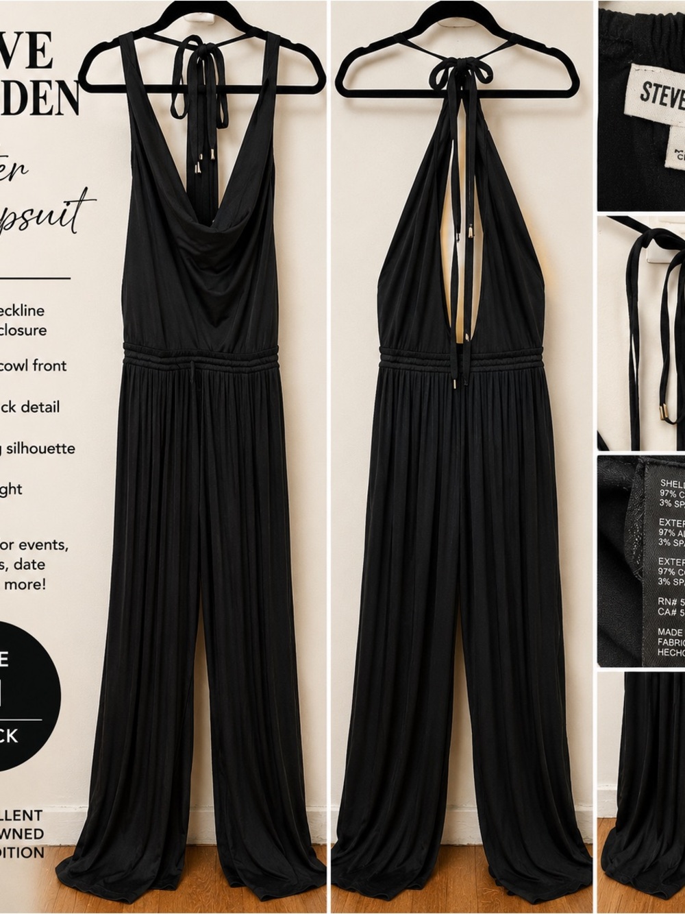 Steve Madden Black Halter Cowl-Neck Wide-Leg Jumpsuit